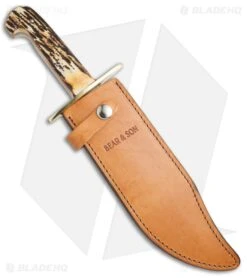 Bear And Son Damascus Bowie Fixed Blade India Stag Bone (7.5" Damascus) 500D3/4 -Knives Store Bear Son Damascus Bowie India Stag Bone BHQ 68439 jr sheath large