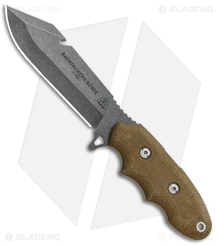 TOPS Knives Backpacker's Bowie Fixed Blade Green Canvas Micarta (4.5" Tumbled) 1 TOPS Knives Backpacker's Bowie Fixed Blade Green Canvas Micarta (4.5" Tumbled)